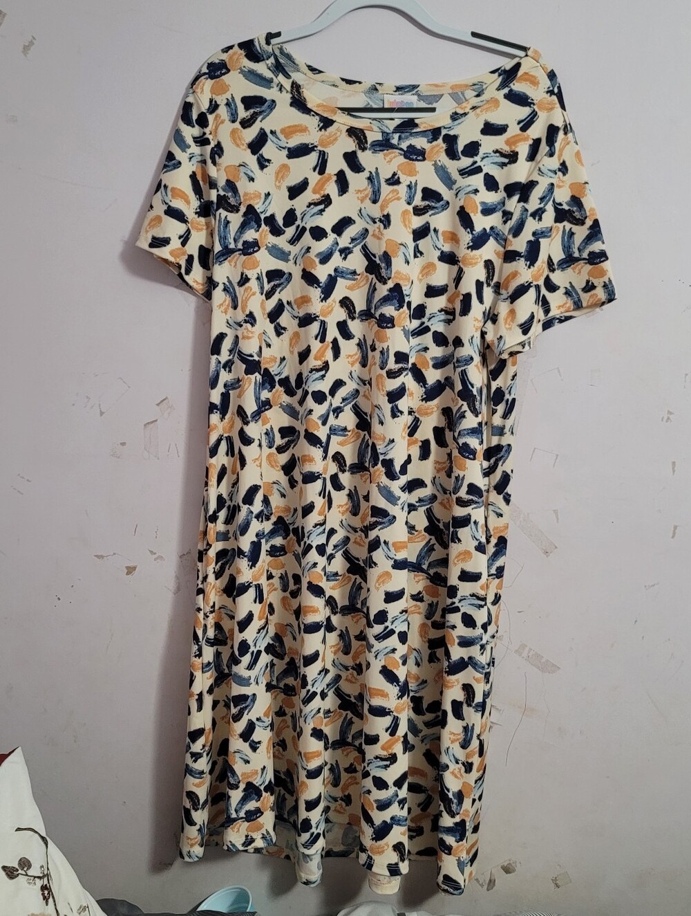 LuLaRoe Cream Midi Dress with Navy and Tan Brushstroke Print